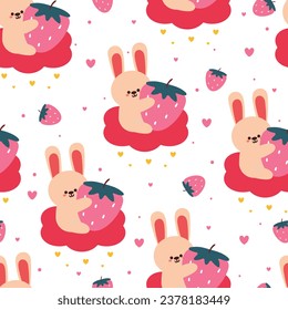 nahtlose Muster Cartoon-Hase, die eine Erdbeere auf einer rosafarbenen Wolke hält. süße Tapete-Illustration für Geschenkpapier