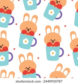 seamless pattern cartoon bunny holding a heart inside a cup. cute animal wallpaper illustration for gift wrap paper