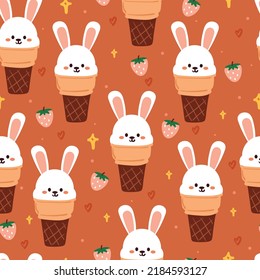 seamless pattern cartoon bunny ice cream and strawberry in brown background. cute animal character wallpaper for kids, textile
