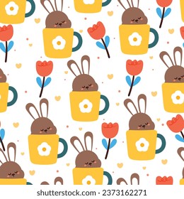seamless pattern cartoon bunny inside a cup and flower. cute animal wallpaper for textile, gift wrap paper