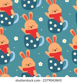 seamless pattern cartoon bunny inside a cup. cute animal wallpaper with orange illustration for gift wrap paper