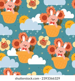 seamless pattern cartoon bunny inside a basket with sky element. cute animal wallpaper for textile, gift wrap paper