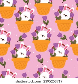 seamless pattern cartoon bunny inside a basket with sky element. cute animal wallpaper for textile, gift wrap paper