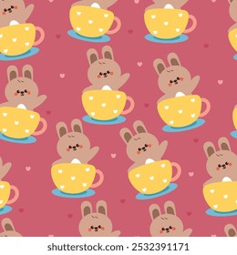 seamless pattern cartoon bunny inside a cup. cute animal wallpaper for fabric print, gift wrap paper