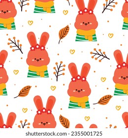 nahtlose Muster Cartoon-Hase, Blätter und Herbstvibes Element. süße Herbsttapete für den Urlaub. Design für Gewebe, flaches Design, Geschenkpapier