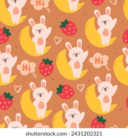 seamless pattern cartoon bunny with moon and strawberry. cute animal wallpaper for textile, gift wrap paper