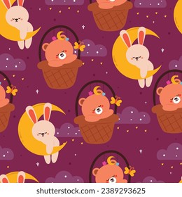 seamless pattern cartoon bunny on the moon, and bear inside a basket in the night sky. cute illustration design. animal pattern for gift wrap paper