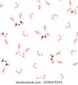 Seamless Pattern with Cartoon Bunny and Paws on White Background, Vector Illustration