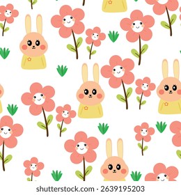 Seamless pattern cartoon bunny, pink flower, leaves, and spring vibes element. cute wallpaper for holiday. design for fabric, flat design, gift wrap paper 