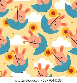 seamless pattern cartoon bunny playing with umbrella. cute animal wallpaper with sky element, umbrella