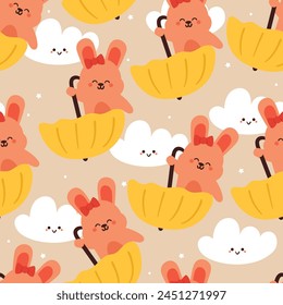 seamless pattern cartoon bunny playing with umbrella. cute animal wallpaper with sky element, umbrella