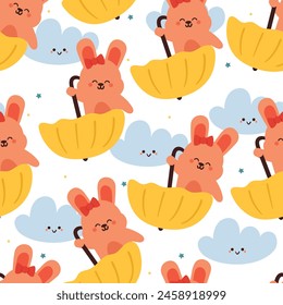 Nahtlose Muster Cartoon Hase mit Regenschirm spielen. Netter Tier-Bildschirmhintergrund mit Himmelselement, Regenschirm