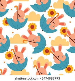 seamless pattern cartoon bunny playing with umbrella. cute animal wallpaper with sky element, umbrella