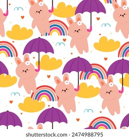 seamless pattern cartoon bunny playing with umbrella. cute animal wallpaper with sky element, umbrella