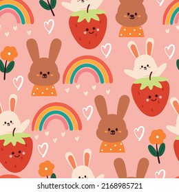 seamless pattern cartoon bunny, rainbow and pink sky. cute wallpaper for kids, fabric print, textile