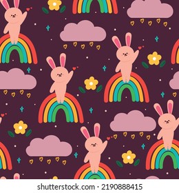 conejito de dibujos animados sin costura con arcoiris sobre fondo morado del cielo. papel tapiz de animal lindo para textiles, papel de envoltura de regalo