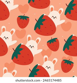 seamless pattern cartoon bunny with strawberry. cute animal wallpaper for textile, gift wrap paper