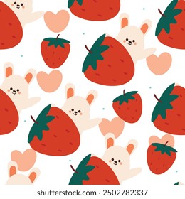seamless pattern cartoon bunny with strawberry. cute animal wallpaper for textile, gift wrap paper