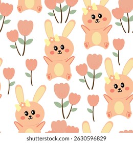 Nahtloses Muster Cartoon Hase und Tulpe rosa Blume. süßes Tiermuster für Tapete, Hintergrund und Geschenkpapier