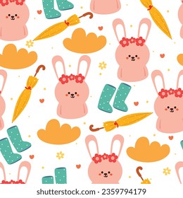 seamless pattern cartoon bunny, umbrella and rainy season vibes element. cute wallpaper for fabric design, flat design, gift wrap paper