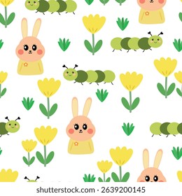 Seamless pattern cartoon bunny, yellow flower and spring vibes element. cute animal pattern for wallpaper, background and gift wrap paper