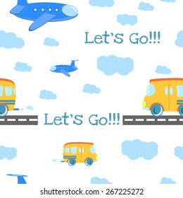 Seamless pattern Cartoon bus on the road. vector illustration.