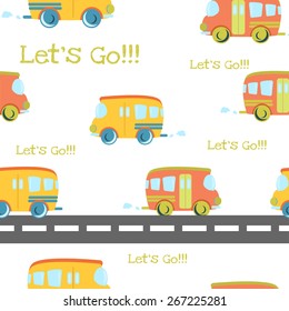 Seamless pattern Cartoon bus on the road.Funny cute hand drawn kids toy transport. Baby bright cartoon bus vector seamless pattern on white background. Set of isolated elements.