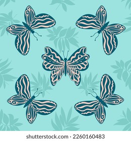 Seamless pattern with cartoon butterflies. Elegant insects on a blue background. Vector.