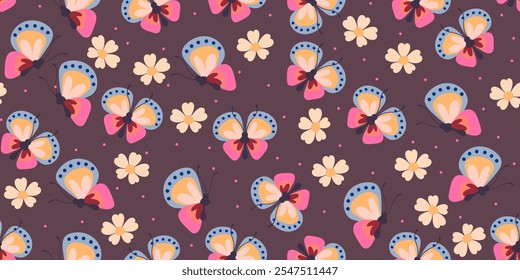 Patrón sin fisuras con mariposas y flores de dibujos animados. Fondo lindo perfecto para envolver papel, impresión, Fondo de pantalla, moda, cubiertas, cuadernos