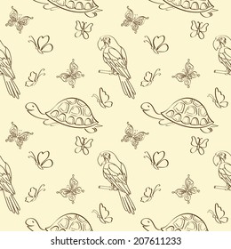 Seamless pattern, cartoon butterflies, turtles and parrots outlines. Vector