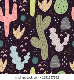 Seamless pattern with cartoon cacti, decor elements on a neutral background. plants. Colorful vector, flat style. Hand drawing, floral ornament. design for fabric, textile, print, wrapper