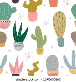 Seamless pattern with cartoon cacti, decor elements. plants. Colorful vector, flat style. Hand drawing, floral ornament. design for fabric, textile, print, wrapper