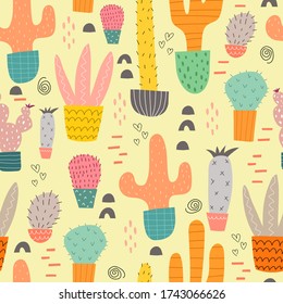 Seamless pattern with cartoon cacti, decor elements on a neutral background. plants. Colorful vector, flat style. Hand drawing, floral ornament. design for fabric, textile, print, wrapper