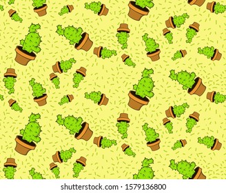 Seamless pattern with cartoon cacti in pots on a light yellow background.Pattern for wallpaper, packaging,
wrapping paper, textile, fabric.