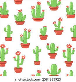 Seamless pattern with cartoon cacti in terracotta pots with red flowers. Green succulents with small spines on a white background. Perfect for textiles, wallpapers, wrapping paper, and decor.