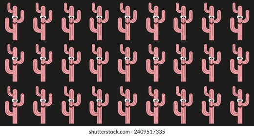 Seamless pattern with Cartoon Cactus character in trendy Groovy style. World Cactus Day banner and poster. Vector illustration can used web and social media poster and t-shirt print. Wallpaper print