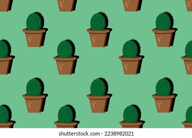 Seamless pattern with cartoon cactus in the clay pot on green background in cut out paper style. Repeat of indoor plant. Wallpaper and bed linen print.