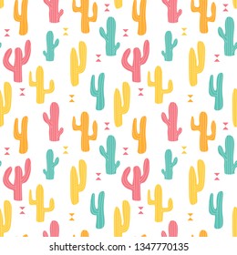 Seamless pattern with cartoon cactus decorated graphic elements. Yellow, pink, blue  cactus on a white background. Summer print. 