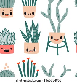 Seamless pattern with cartoon cactus and flower pots. Cute colorful hand drawn background. Flat style, kawaii doodle home plants with face emotions. Botany hand drawn texture