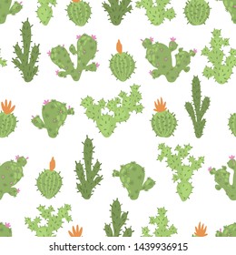 Seamless pattern with cartoon cactus isolated on white background. Creative childish texture. Design element for textile, fabric, wallpaper, scrapbooking. Vector illustration.