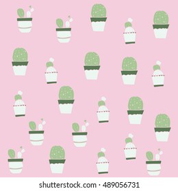 Seamless pattern of cartoon cactus in pots in green and pink. Hand painted design for textile, fabric, decoration elements, web, postcards, posters, gift paper