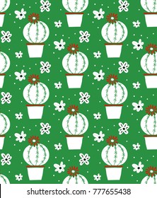 Seamless pattern with cartoon cactuses and flowers. Cute vector illustration for your design.