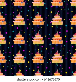 Seamless pattern with cartoon cake with red strawberries,a candle and a flower.Three tiers.Tasty sweets with pink cream.Vector illustration for children's on birthday or other holiday.Dessert