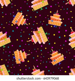 Seamless pattern with cartoon cake with red strawberries,a candle and a flower.Three tiers.Tasty sweets with pink cream.Vector illustration for children's on birthday or other holiday.Dessert 