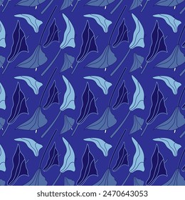 Seamless pattern with cartoon calla flowers with outline and fill in blue, cyan and white colors. Delicate background with beautiful calla buds. Elegant handmade texture for decoration and print.