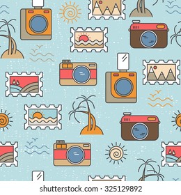 Seamless pattern with cartoon cameras and photographs. The concept of sea, beach vacation. Vector background.