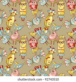 Seamless pattern -  cartoon candies in multi-coloured wrappers