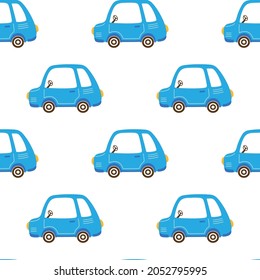seamless pattern with cartoon car, cute car on white background, good for wrapping paper, fabric, textile, city transport vector illustration in flat style