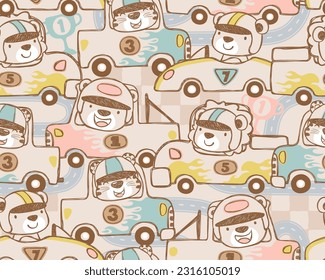 Seamless pattern of cartoon car racing with animals racer