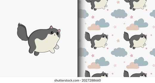 Seamless pattern and cartoon card  with cute cats, clouds, stars. Baby texture for fabric, wrapping, textile, wallpaper, clothing. Vector illustration